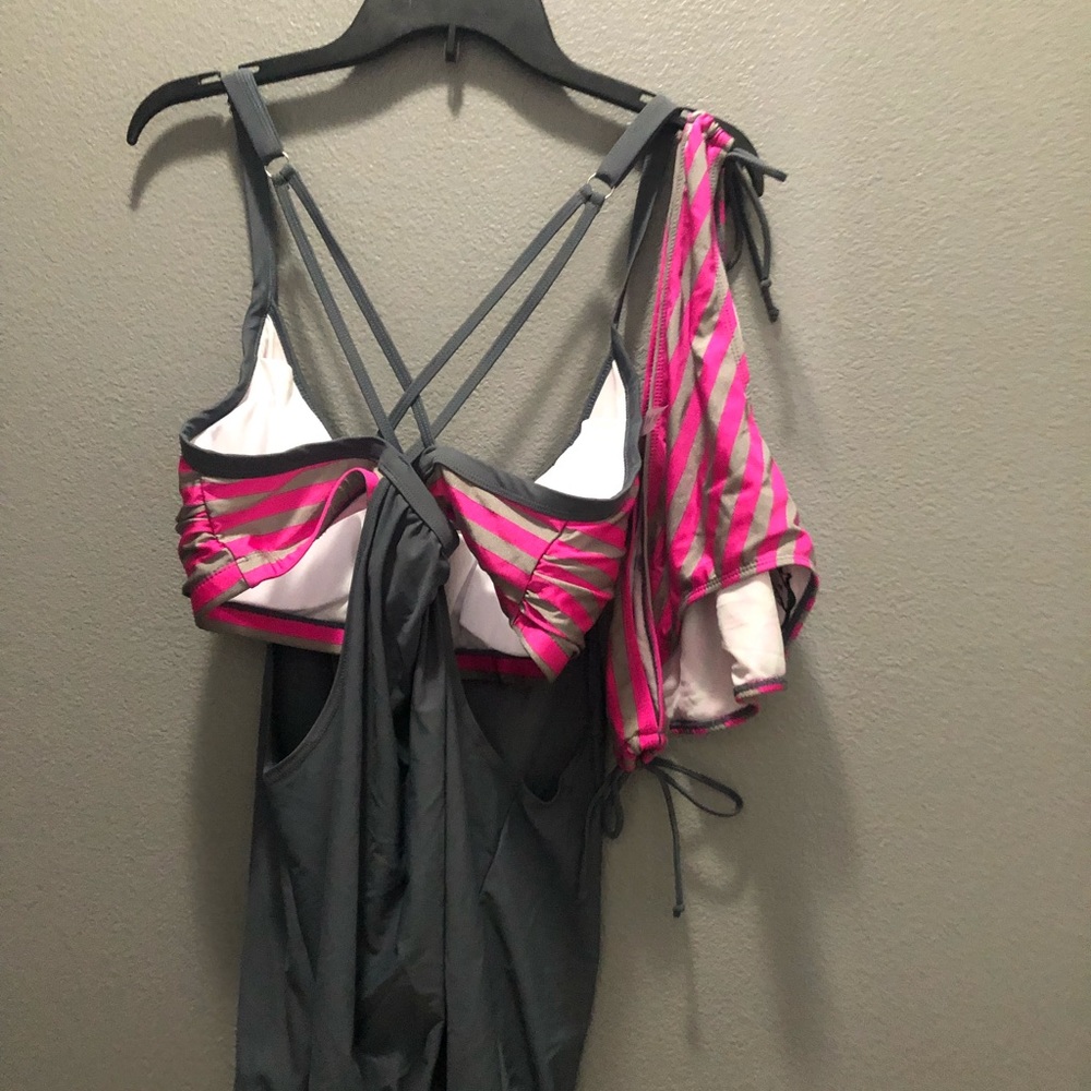 Layered Tankini Top Bottom Gray Women Swimsuit 2x